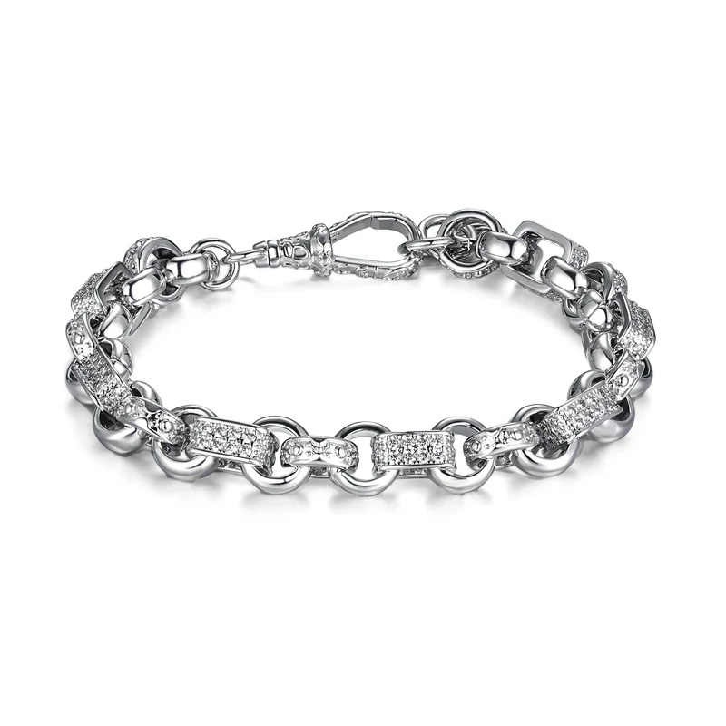 SILVER 10MM GYPSY LINK WITH STONES BELCHER BRACELET WITH ALBERT CLASP - Image 2